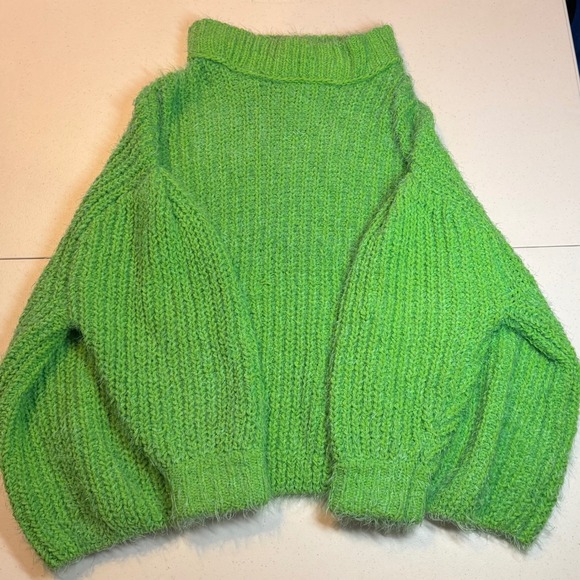 Free People Sweaters - Free People Lime Green Mock Neck Fuzzy Knit Oversized Oasis Tunic Sweater XS FP